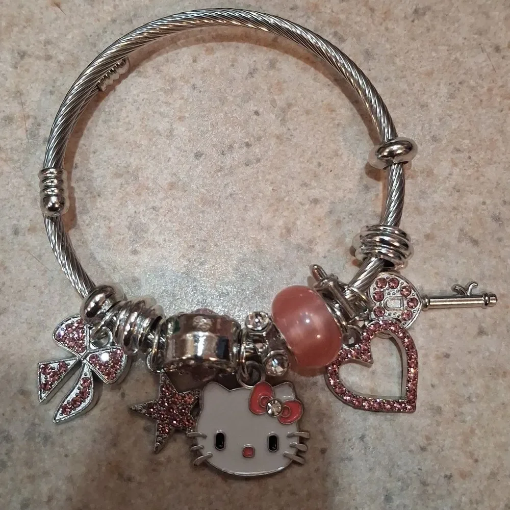 Hello Kitty Charm Pendant Silver & Pink Tone Bangle Bracelet